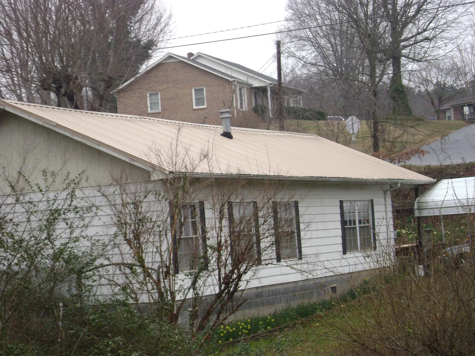 Tan metal roof on a white sided house set into a hillside in Brooklyn